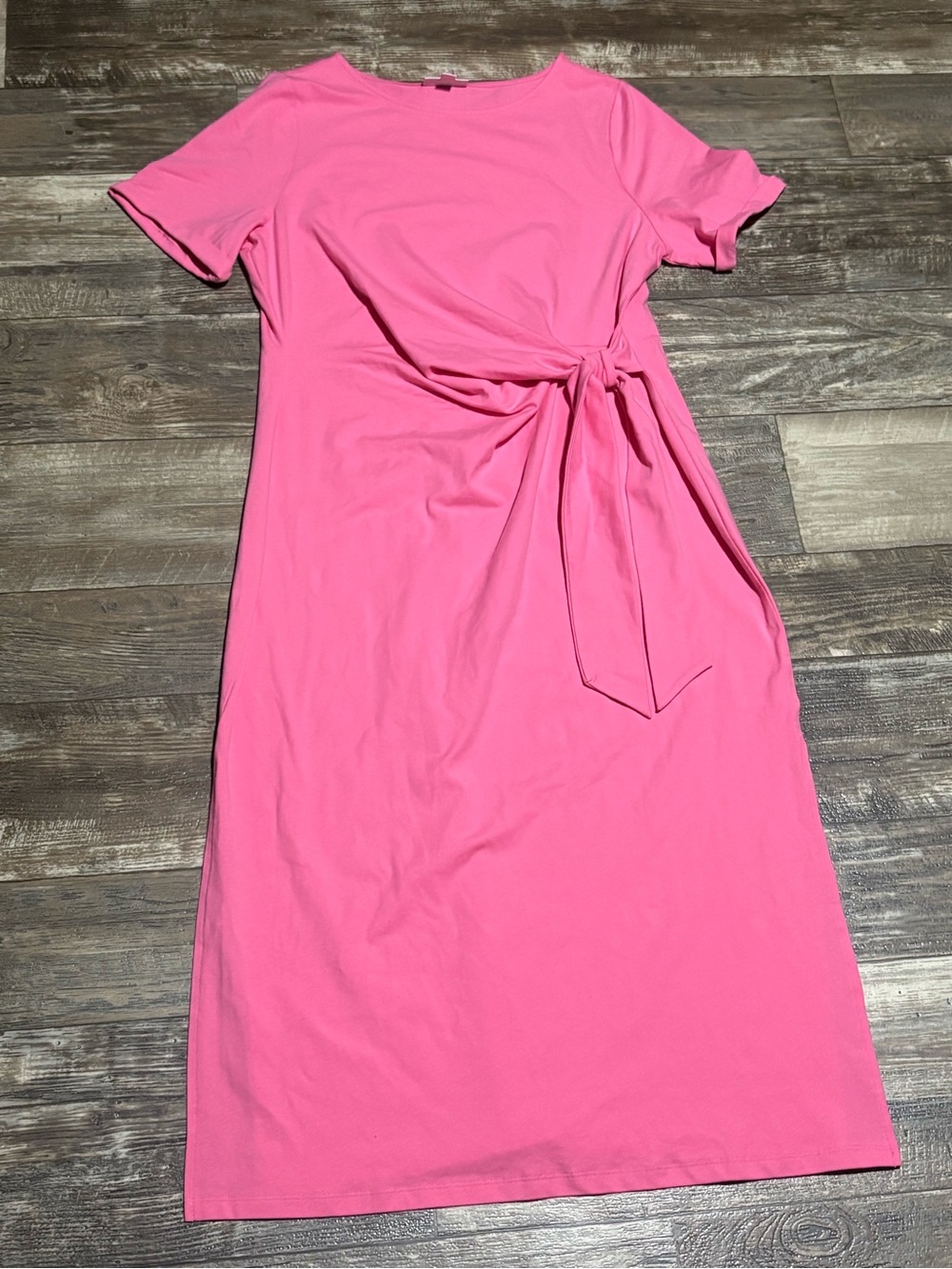 Soft Pink Tie-Waist Short Sleeve Midi Dress
